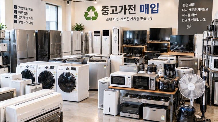 냉장고, 세탁기, 에어컨, 주방기기가 정리된 중고가전 매입 매장
